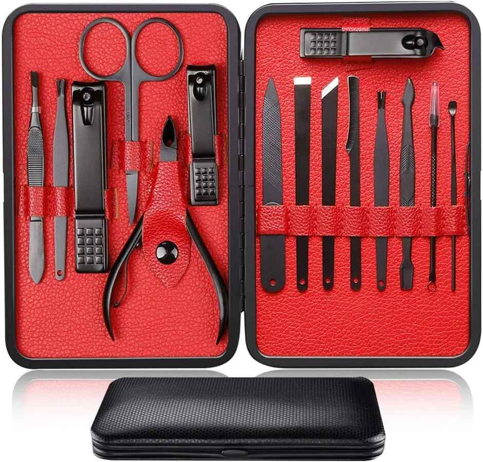 Black Steel Manicure and Pedicure Set in Red-Lined Zip Case